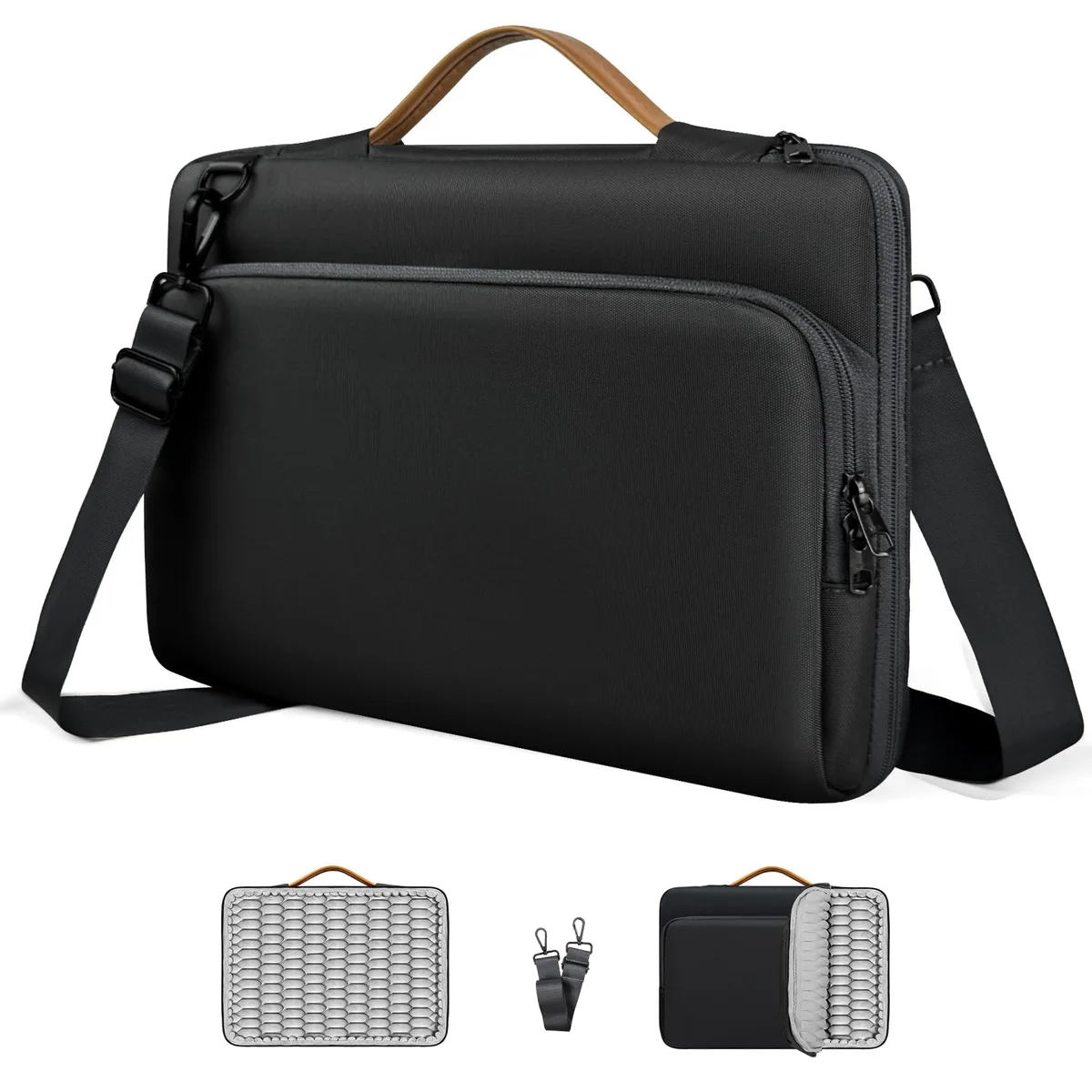 Black laptop bag with honeycomb airbag padding, YKK zippers and metal strap buckles
