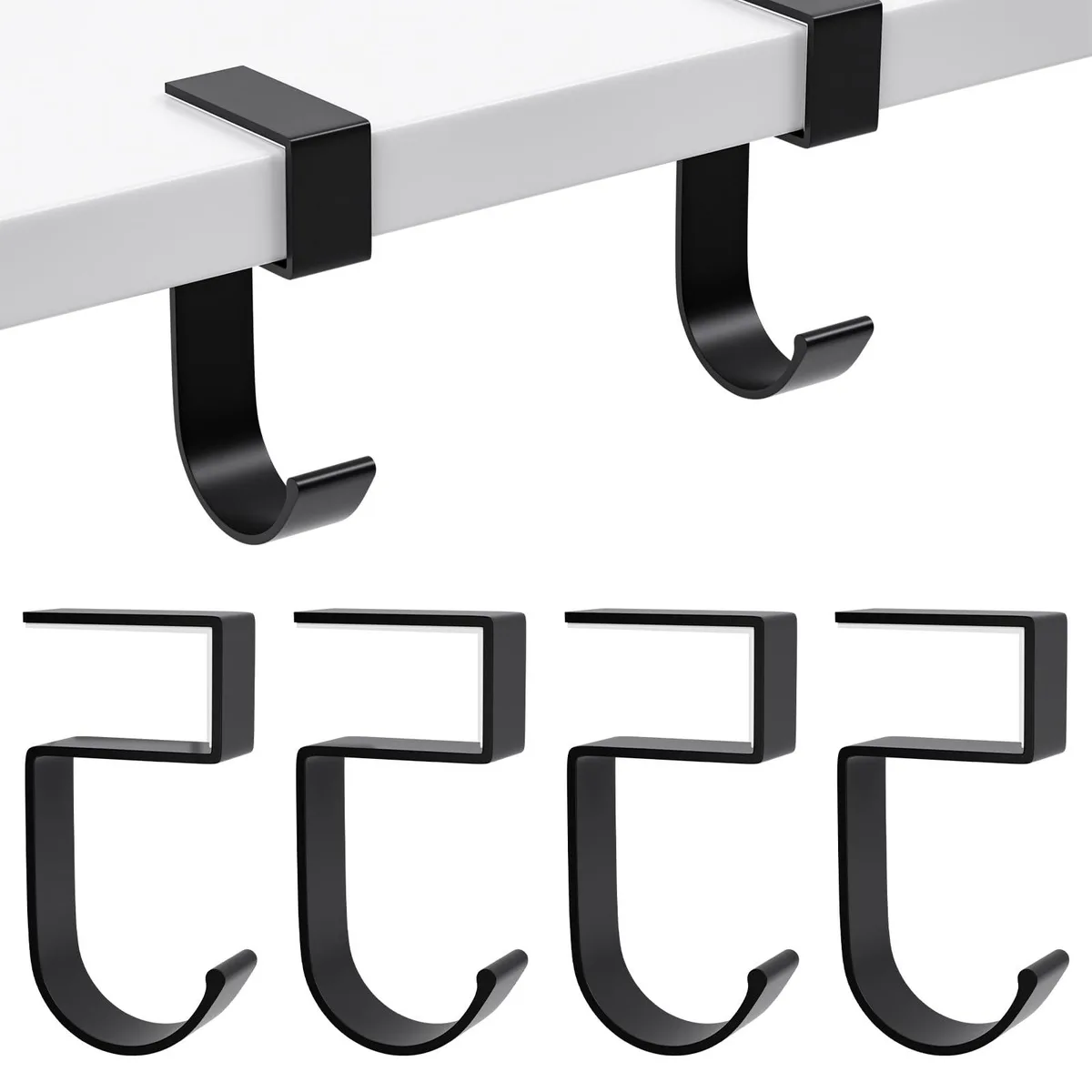 Four black alloy purse hooks with rubber backing, nail-free clip-on design