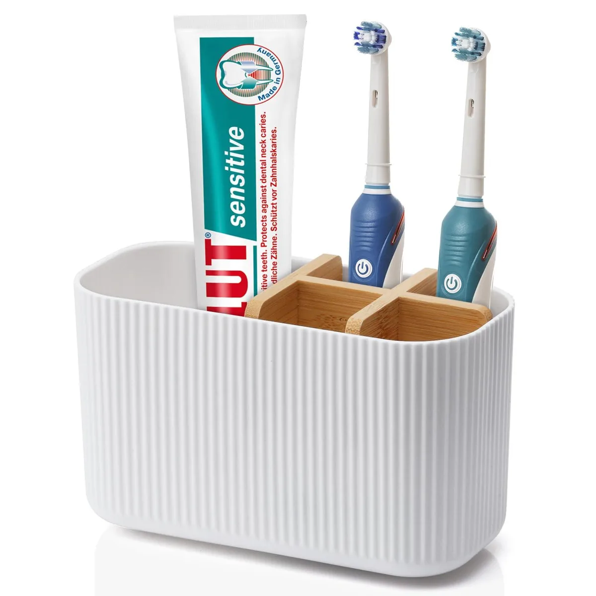 White plastic toothbrush holder with five upright slots and a textured surface