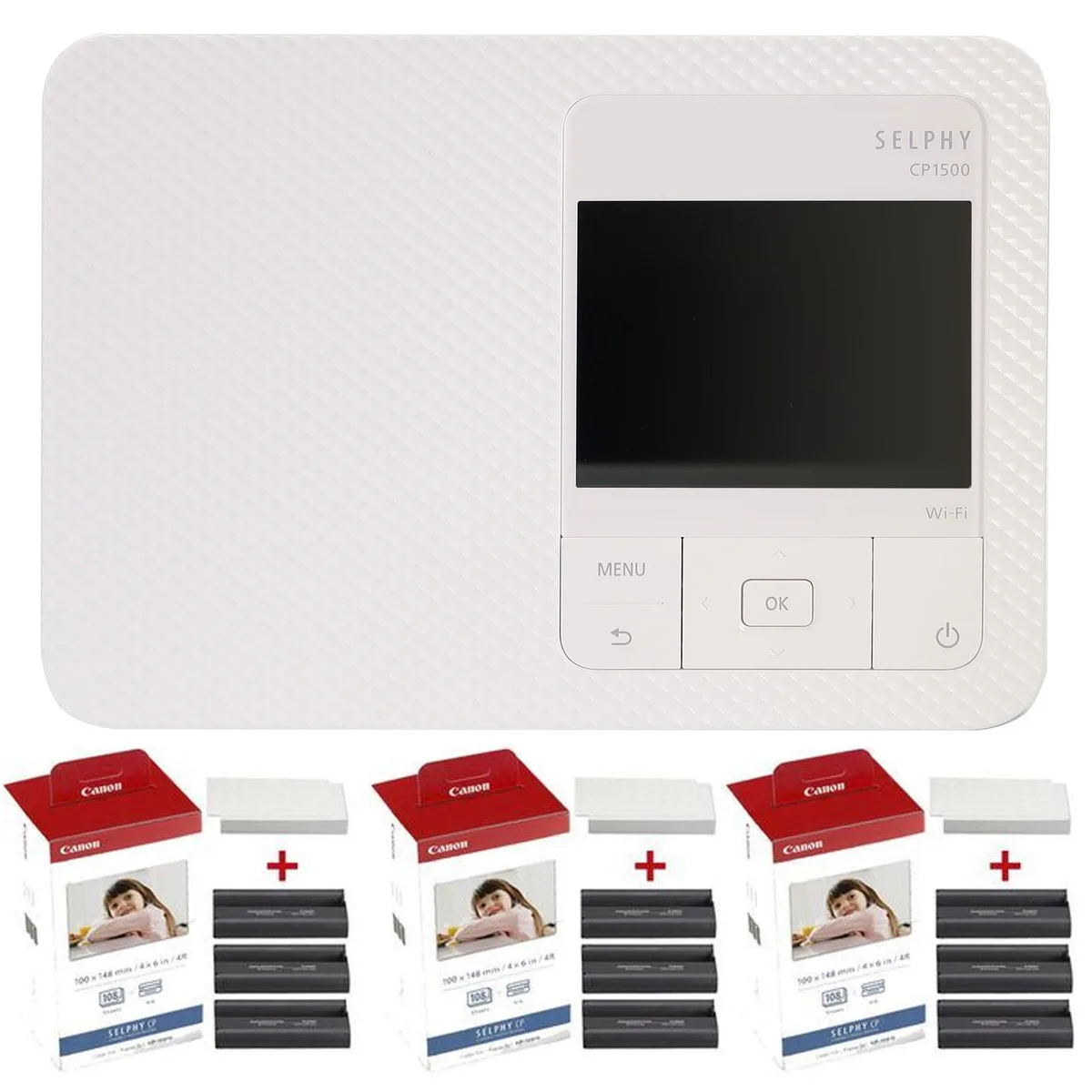 Canon Canon SELPHY CP1500 White Printer Bundle with 3x KP-108IN Ink Paper Sets — product photo