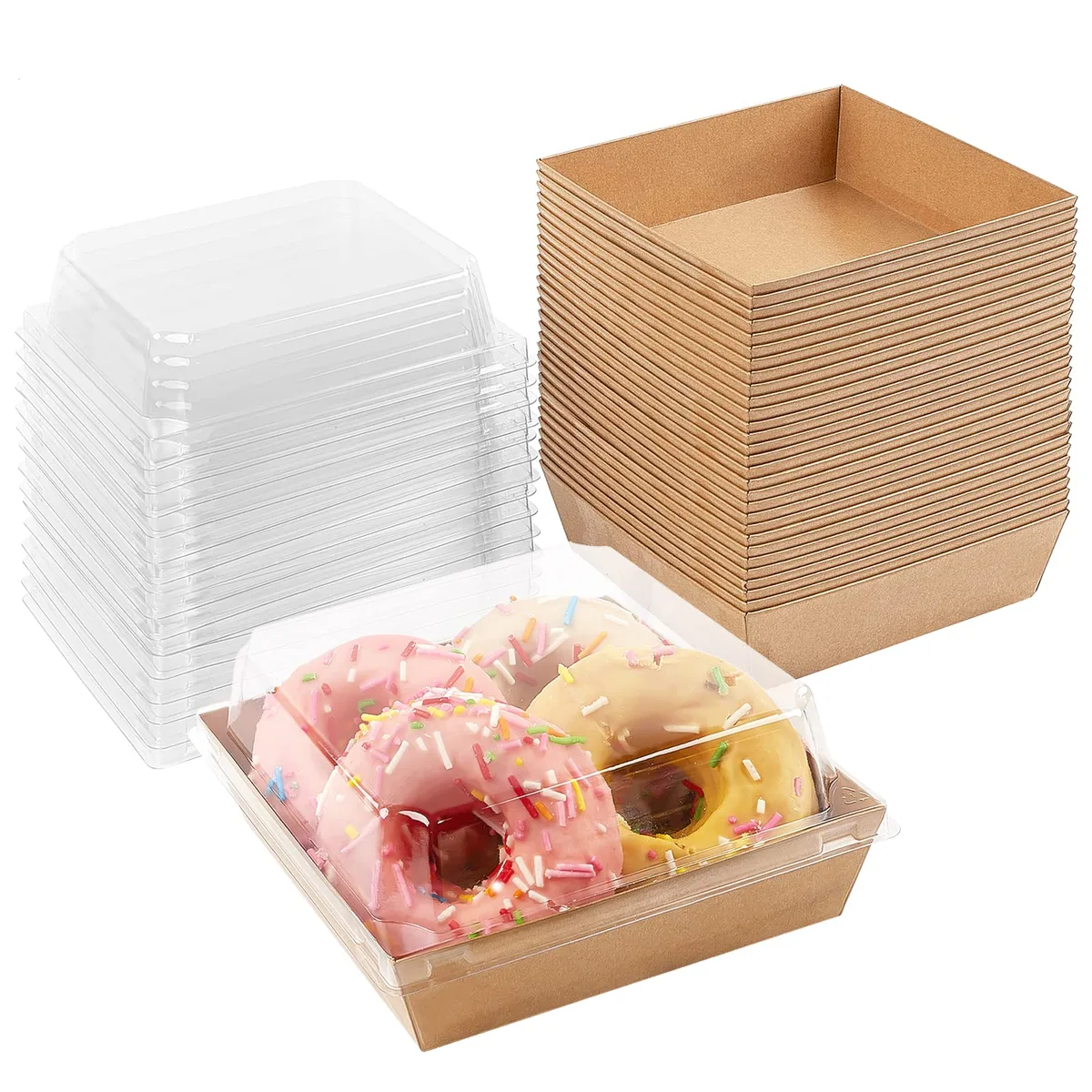 Square brown kraft boxes with clear lids, fifty sets