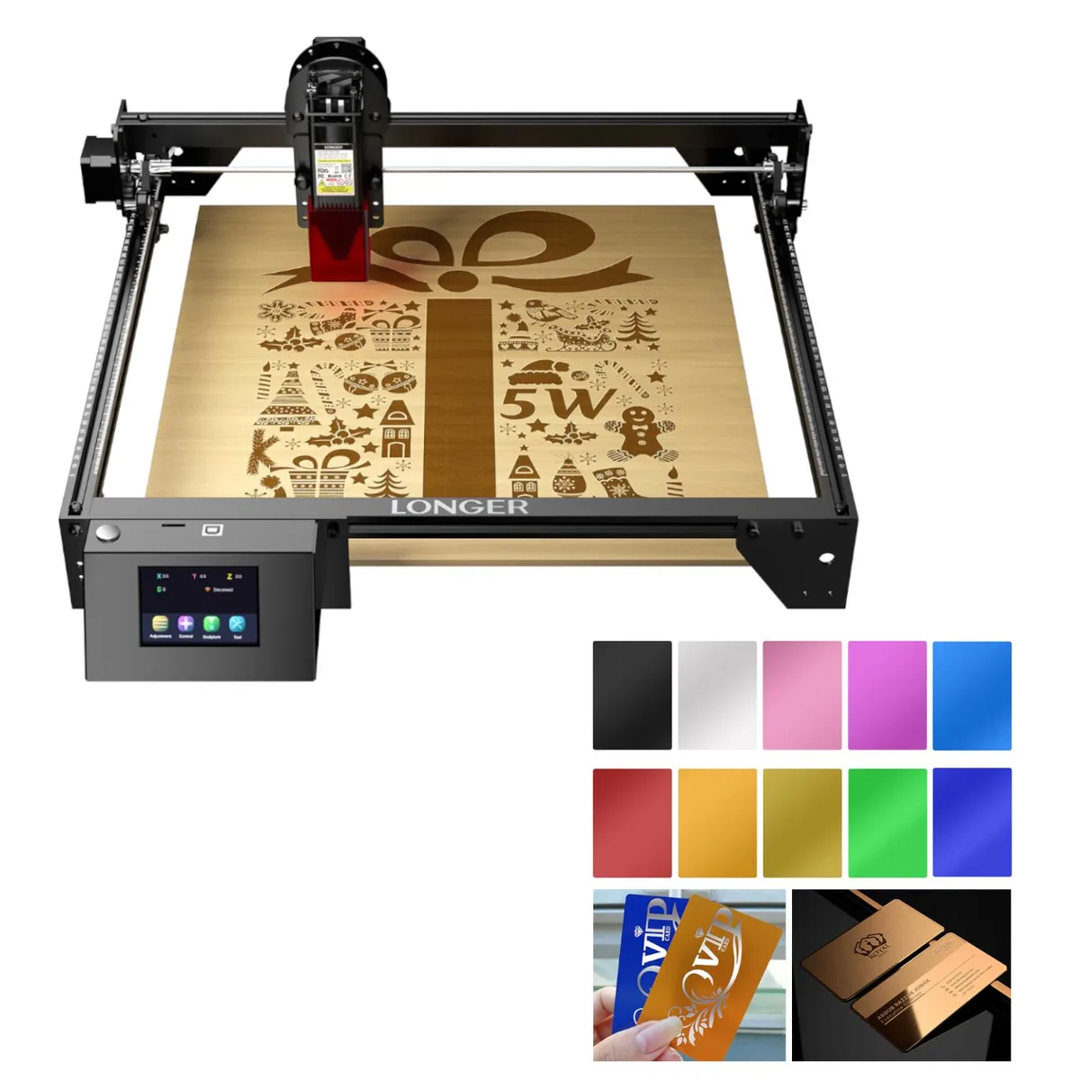 LONGER LONGER RAY5 5w Laser Engraver &amp; 100 Aluminum Business Cards 10 Colors — product photo