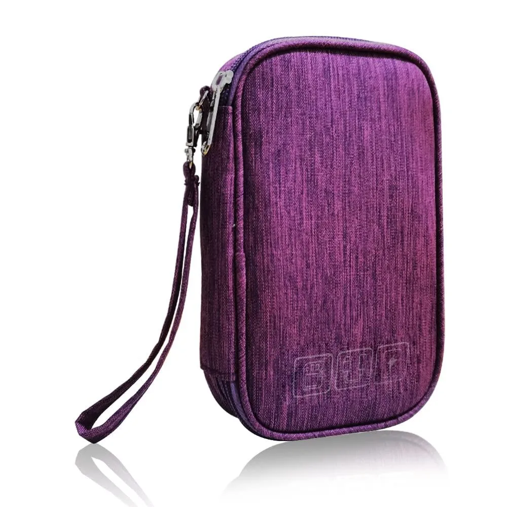 Purple rectangular nylon electronics organizer bag with dual zippers and mesh pockets visible