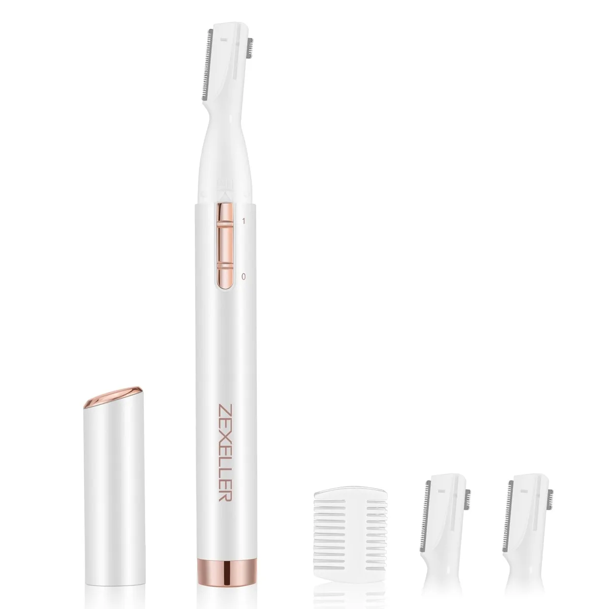 Compact black grooming trimmer with five interchangeable heads and two comb attachments