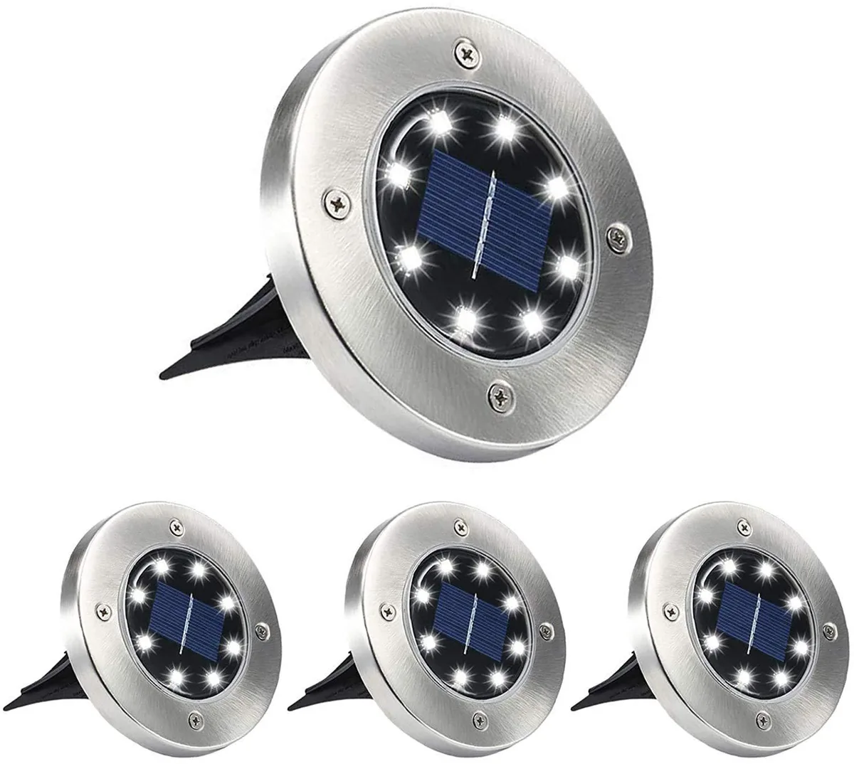 Two black resin disk lights with stainless steel shade and ground spikes