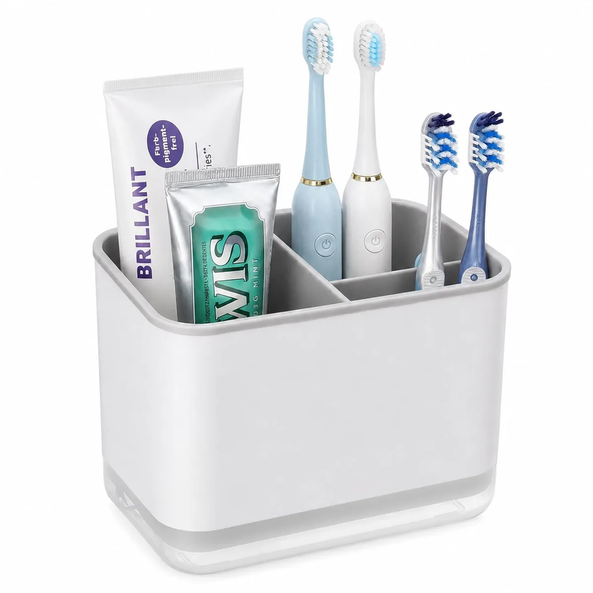 Compact white plastic toothbrush holder with three vertical slots and a drip tray