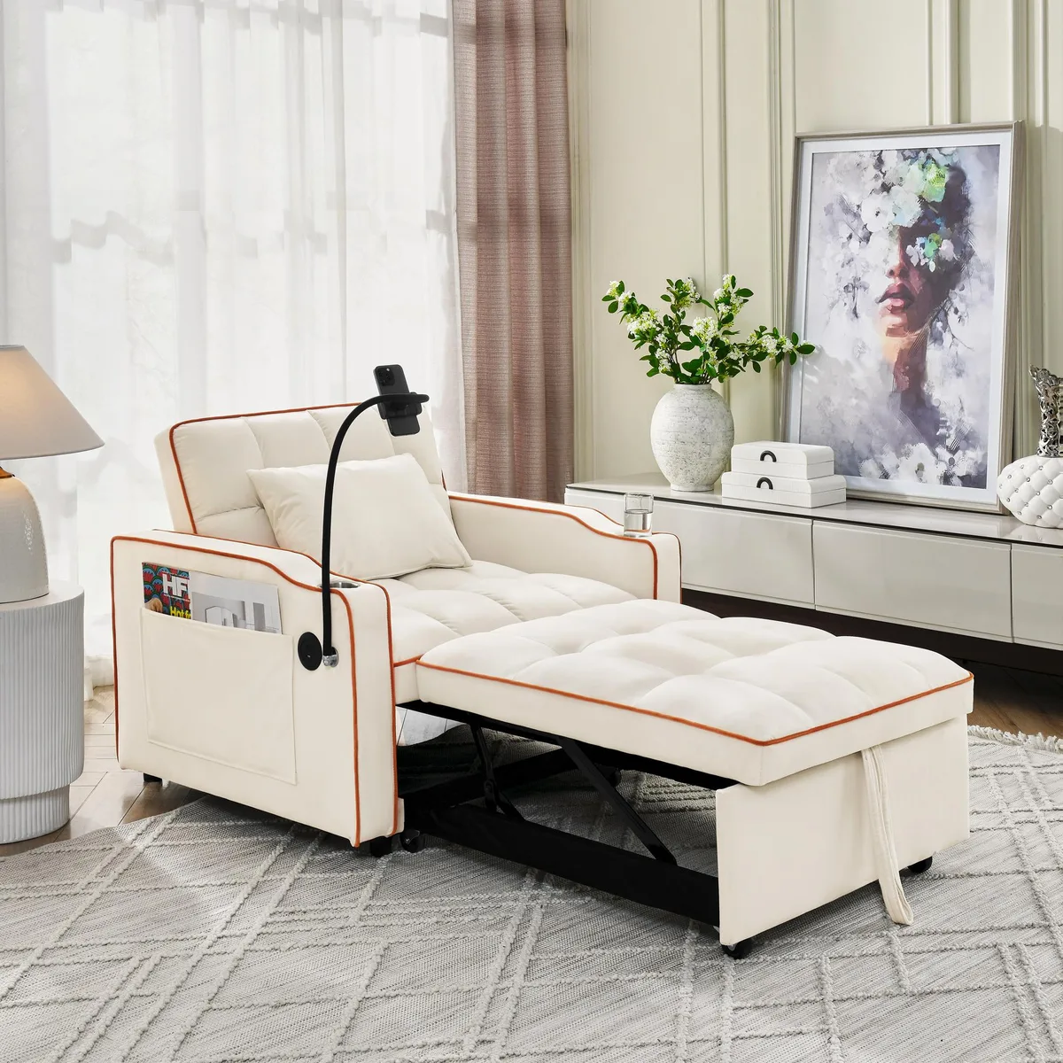 Beige velvet convertible sleeper chair with pull-out bed function