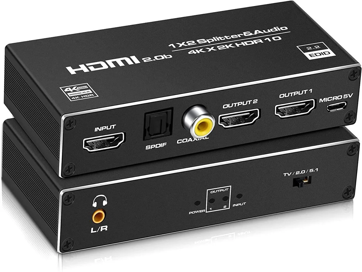 LUOM LUOM OZF6A 1x2 HDMI Splitter Audio Extractor 4K60 18Gbps Switch HDR Coaxial SPDIF 3.5mm — product photo