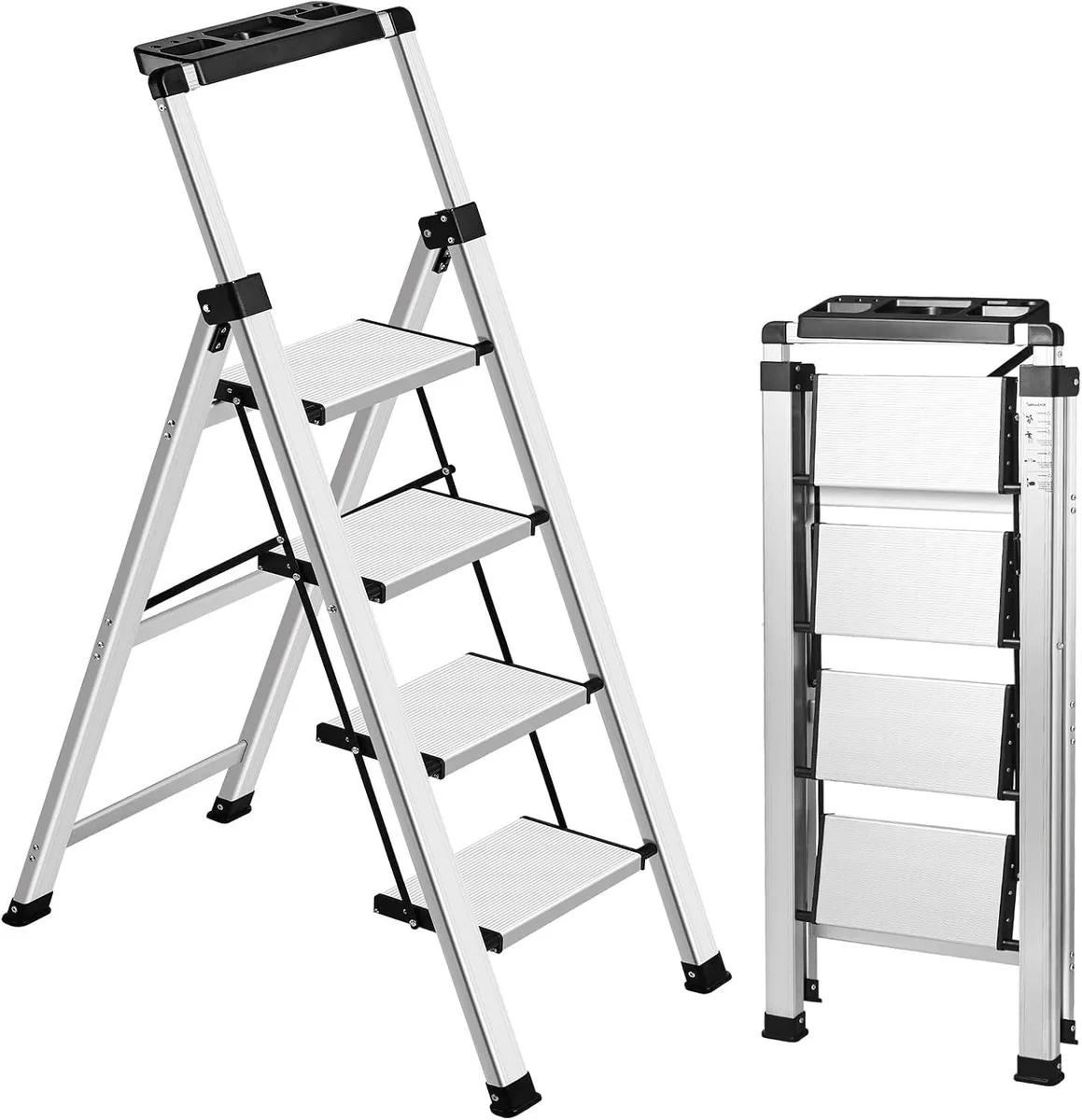 Silver aluminium four-step folding ladder with retractable handrail and wide anti-slip treads