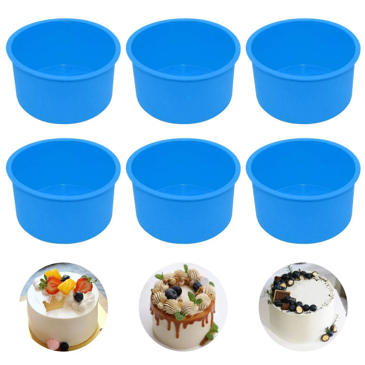 Six blue silicone mini round cake molds 4 inch diameter 2.20 inch deep