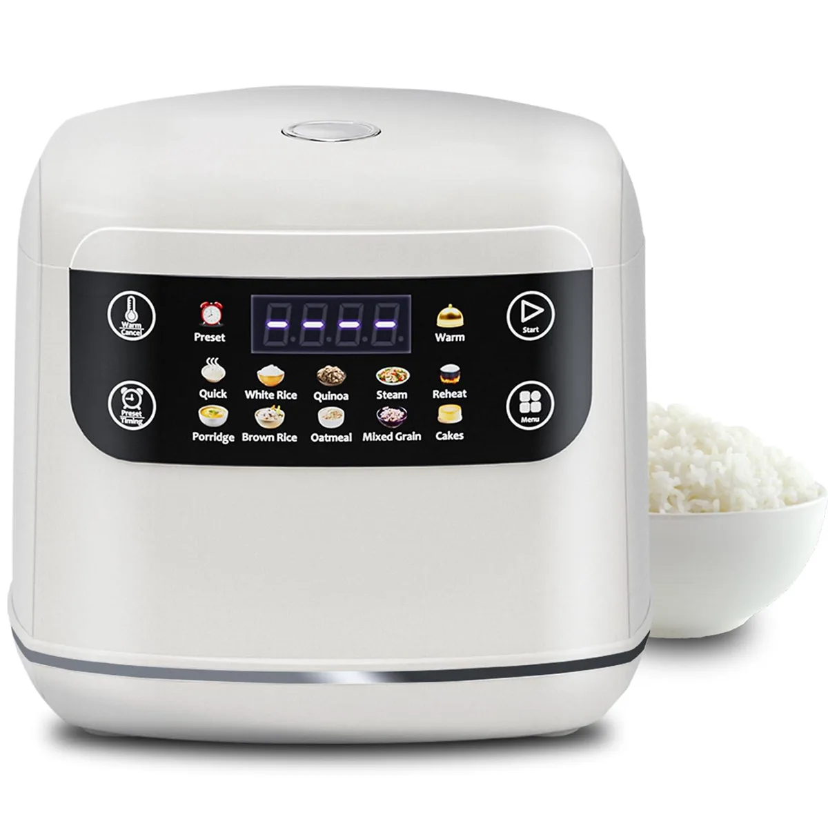 Compact white rice cooker with touchscreen and steam basket