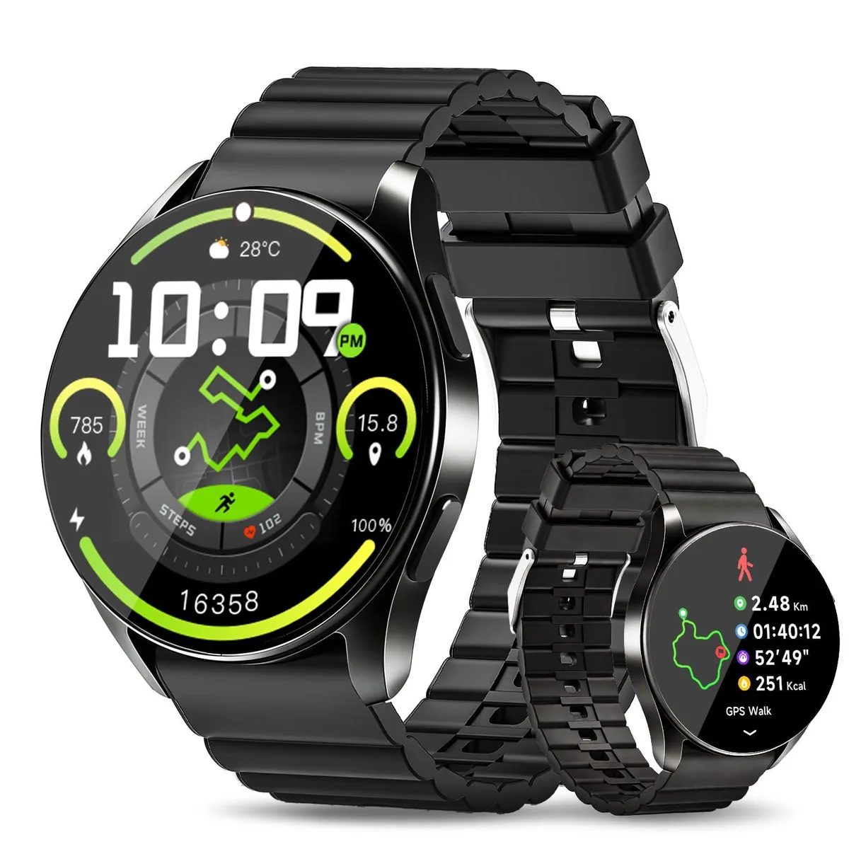 Black circular smartwatch with 1.39 inch LCD screen and dark strap
