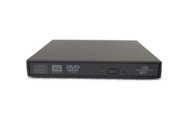Black external DVD burner with USB 2.0 cable and LightScribe label face