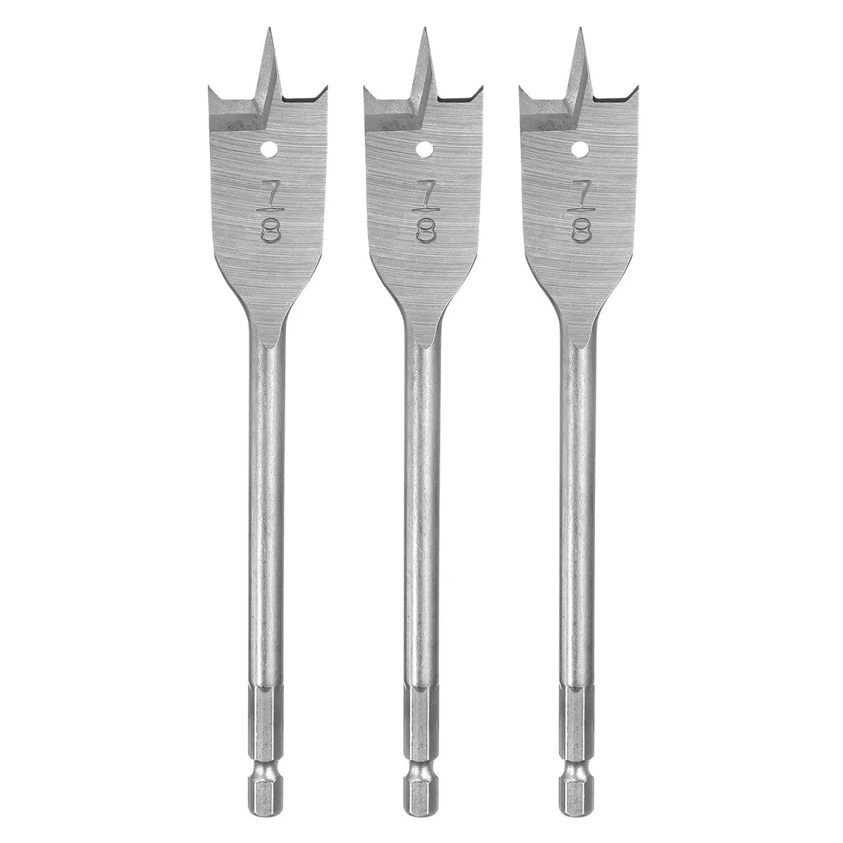Three silver spade bits with 1/4 inch hex shanks