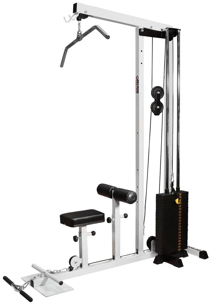 Deltech Fitness lat/row machine, steel frame, powder-coat finish, 200 lb weight stack, adjustable seat and leg hold-down