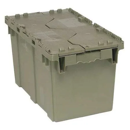 Gray polyethylene attached-lid storage container with handles and steel hinges