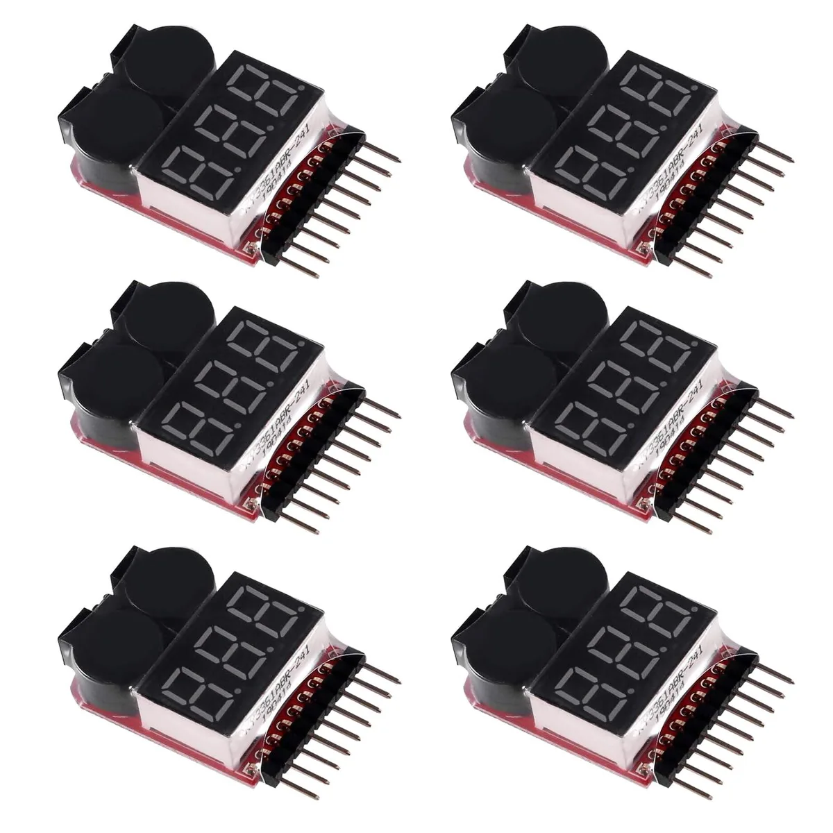 Six small rectangular battery checkers with LED displays and buzzers