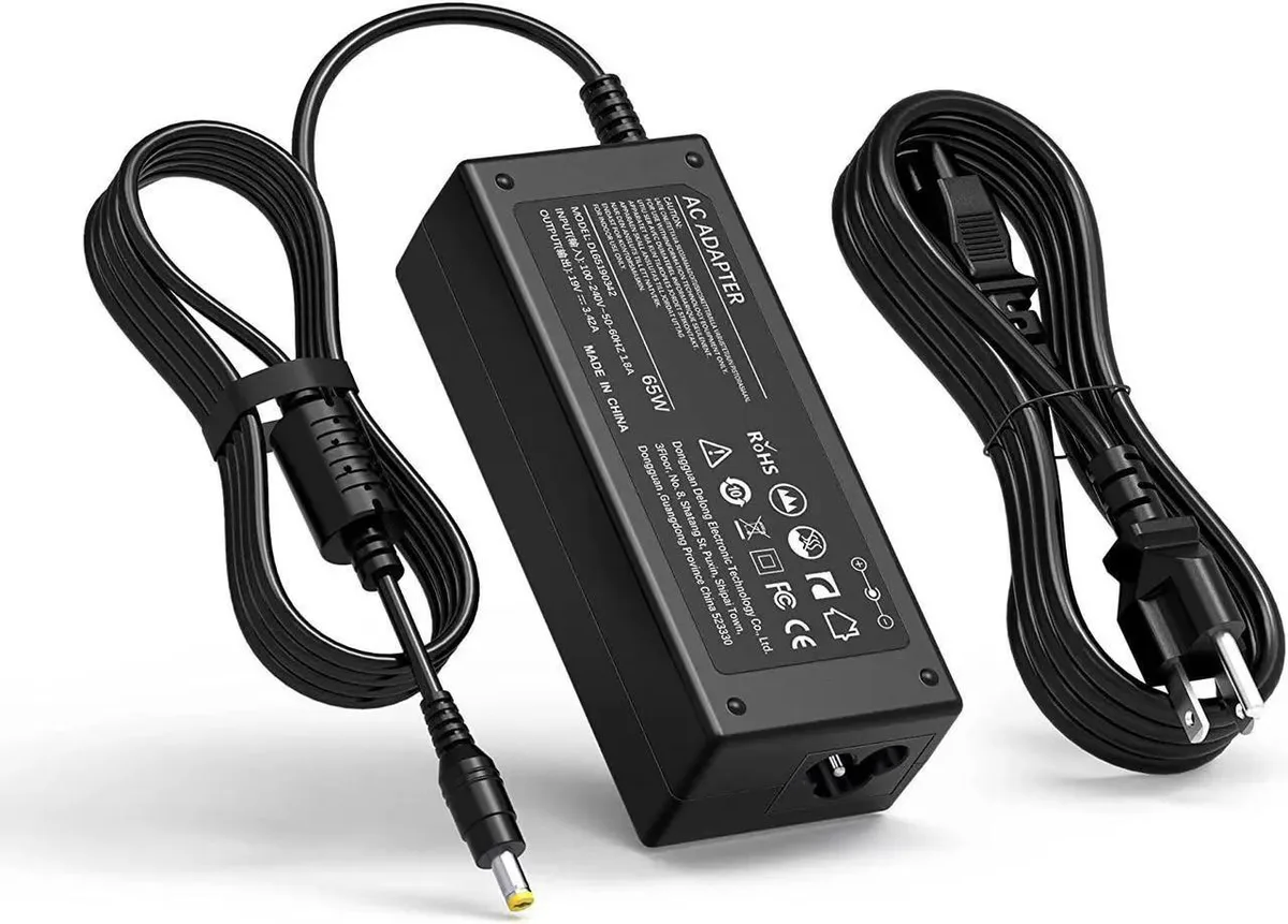 Black rectangular AC adapter with 1.7mm by 5.5mm barrel connector and detachable power cord
