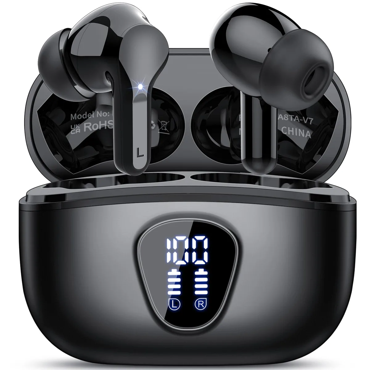 Black in-ear wireless earbuds with matching charging case, matte plastic finish