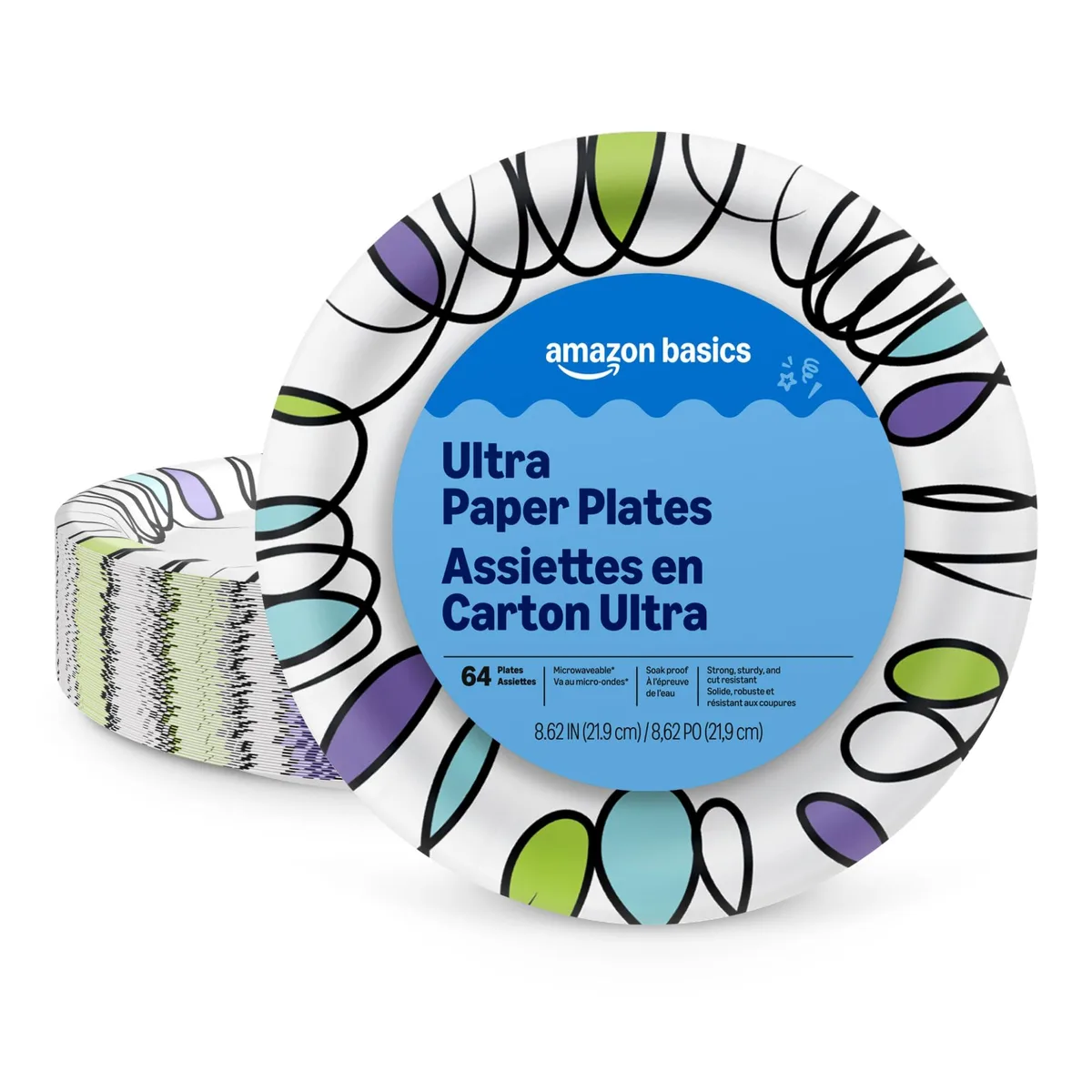 A stack of 64 round paper plates in multicolor, 8.62 inches diameter