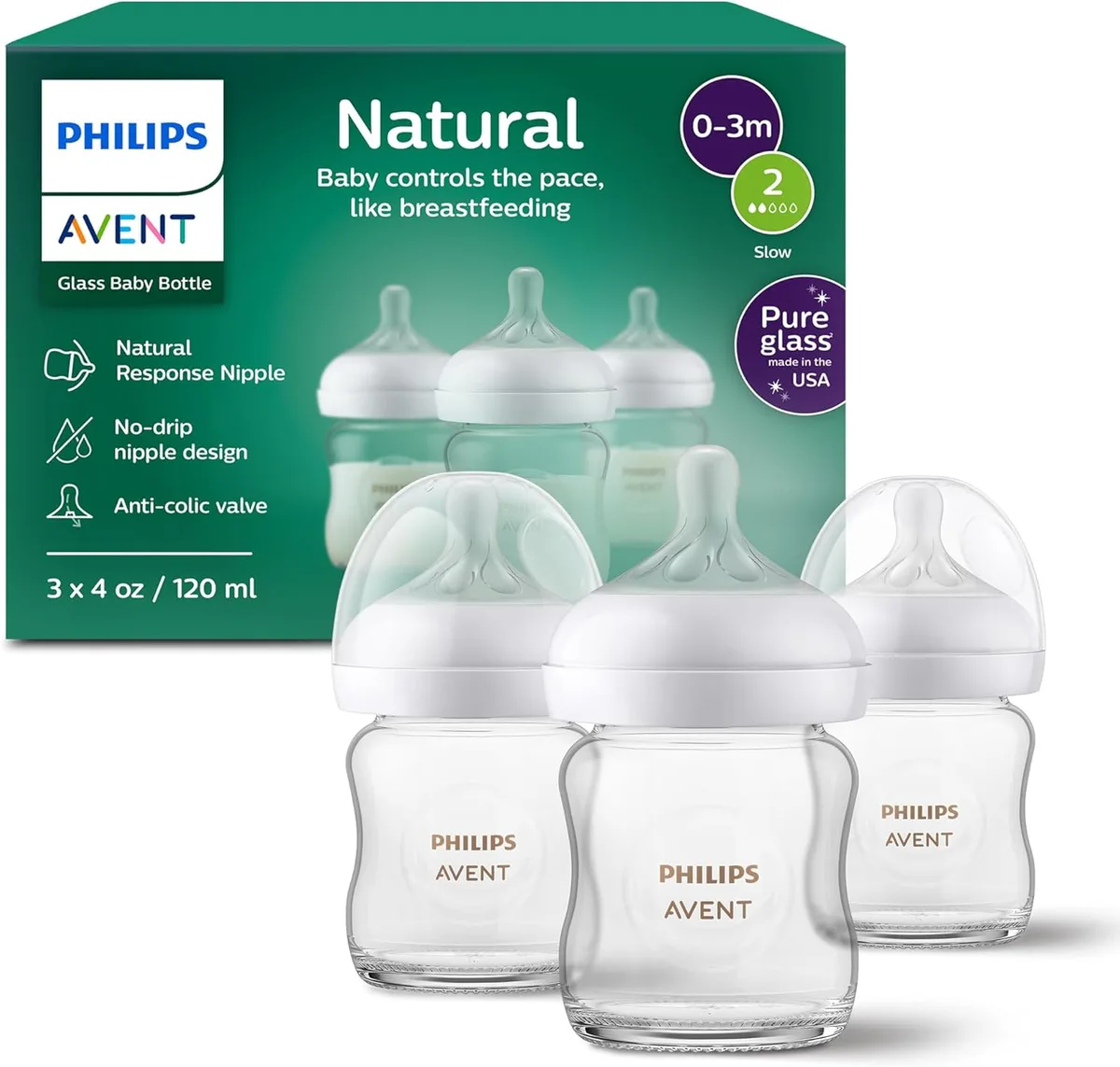 Avent Avent SCY910/03 Natural Glass Baby Bottles 4oz 3-pack Flow 2 bottle feeding — product photo
