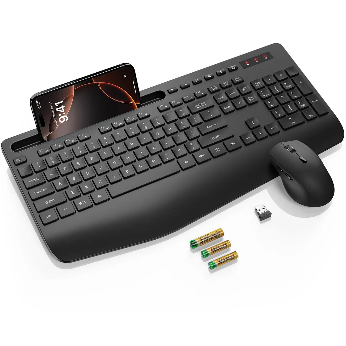 Black full-size wireless keyboard with wide wrist rest, phone holder, and matching mouse