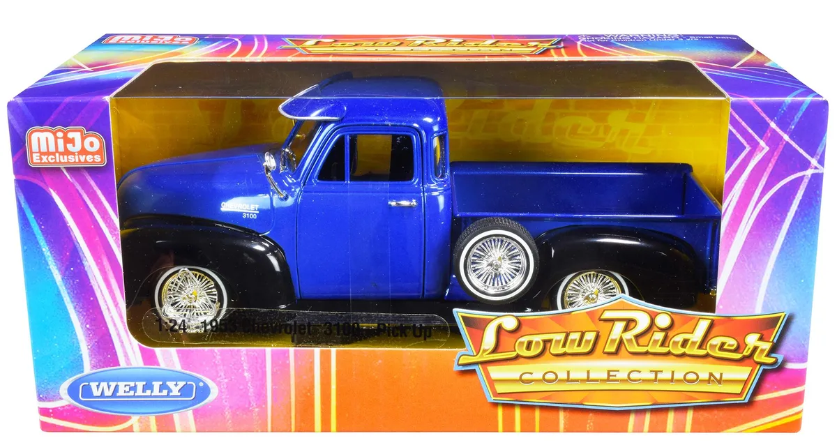 Welly Diecast Welly Diecast 1953 Chevrolet 3100 Pickup Truck Blue Black Low Rider Collection 1/24 hobby collectible — product photo