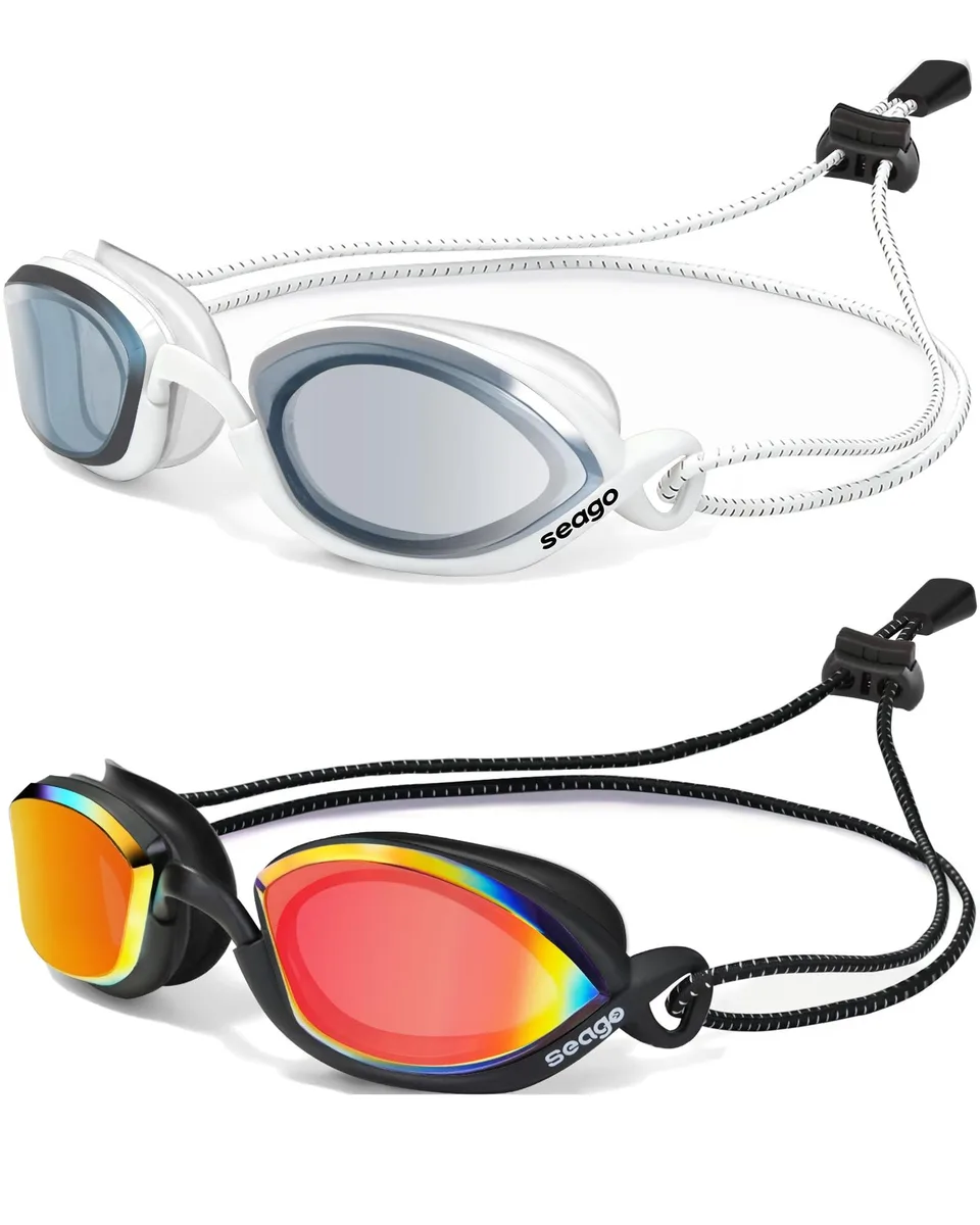 Two black swimming goggles with mirrored lenses and adjustable nose bridges
