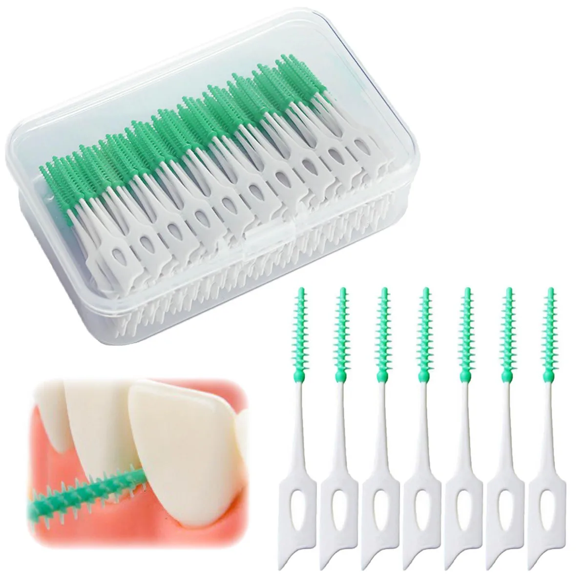 White portable floss pick set with storage box, 160 soft silicone pieces