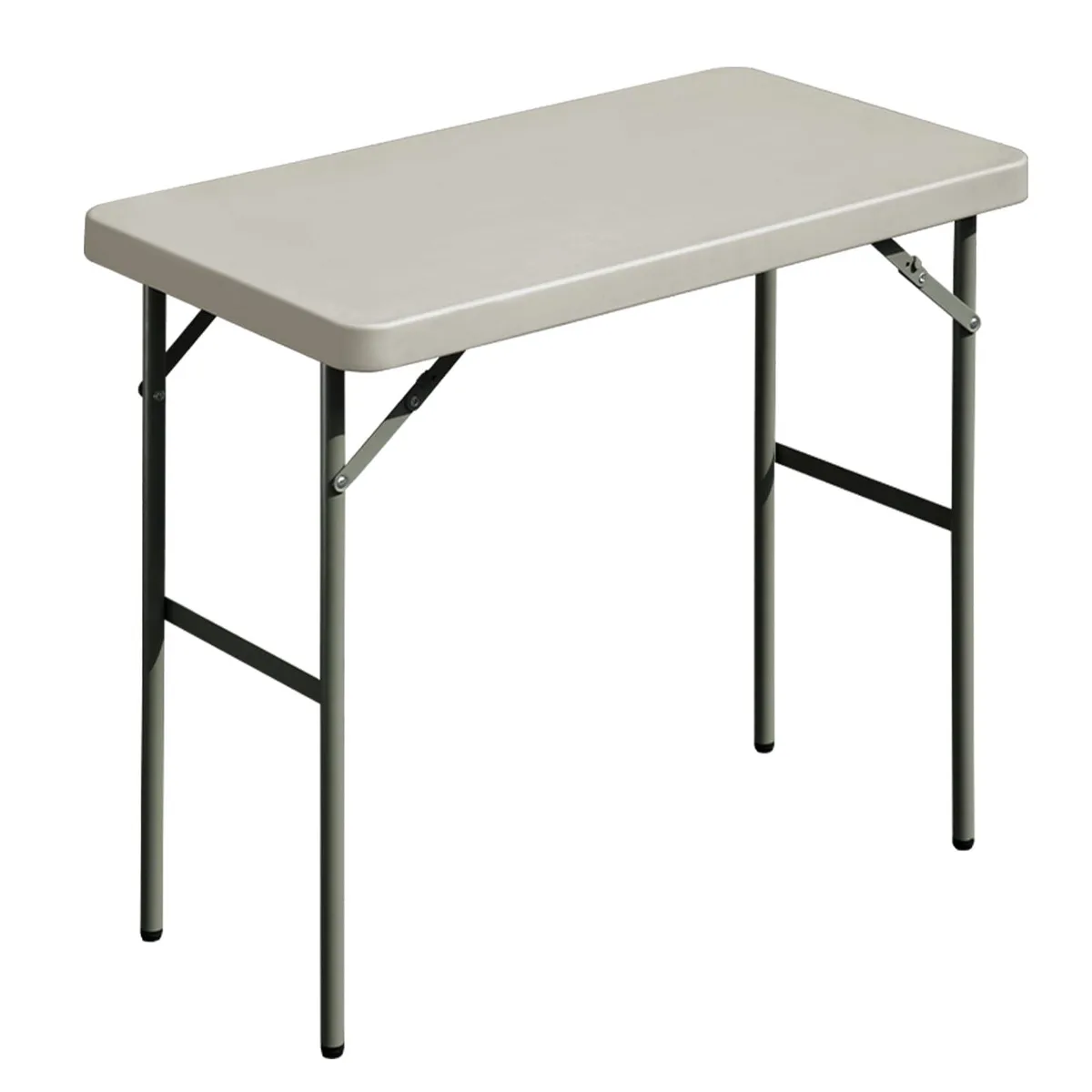 Grey rectangular folding table with black metal legs, folded flat showing HDPE top surface and steel frame