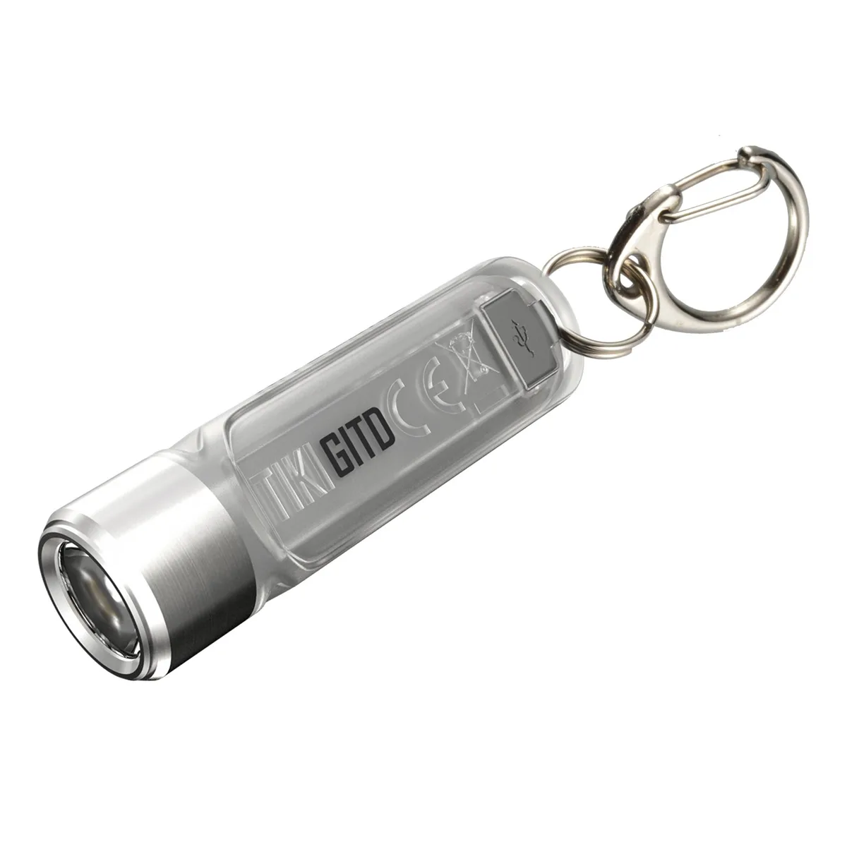 Tiny keychain flashlight with glow-in-the-dark phosphorescent shell and stainless steel head