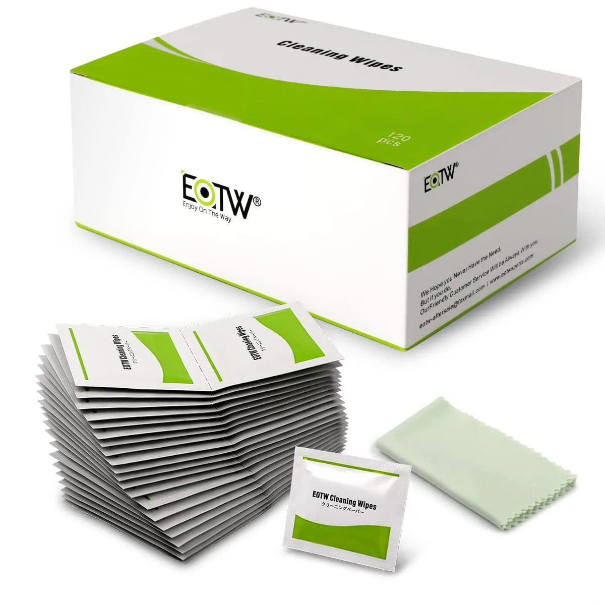 White rectangular box containing 120 individually wrapped screen wipes and a microfiber cloth