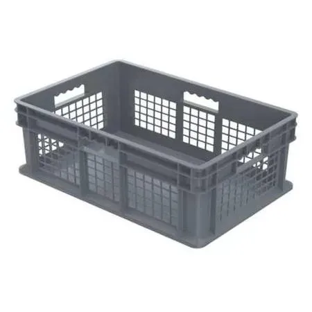 Grey vented plastic storage tote with straight walls and open handles