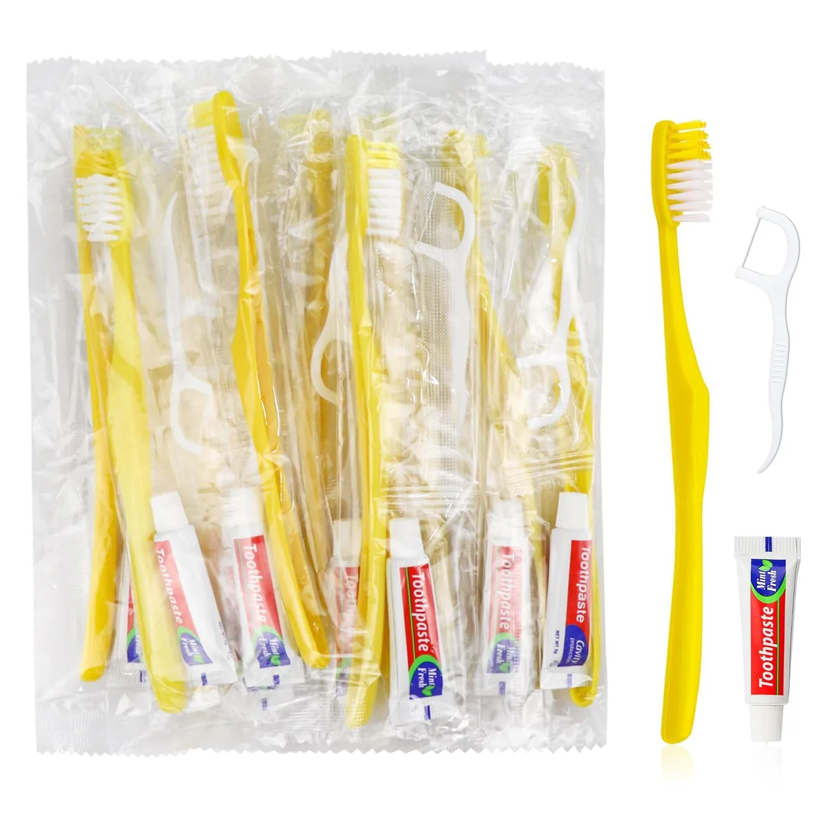Box of 50 yellow disposable toothbrush kits with toothpaste and floss