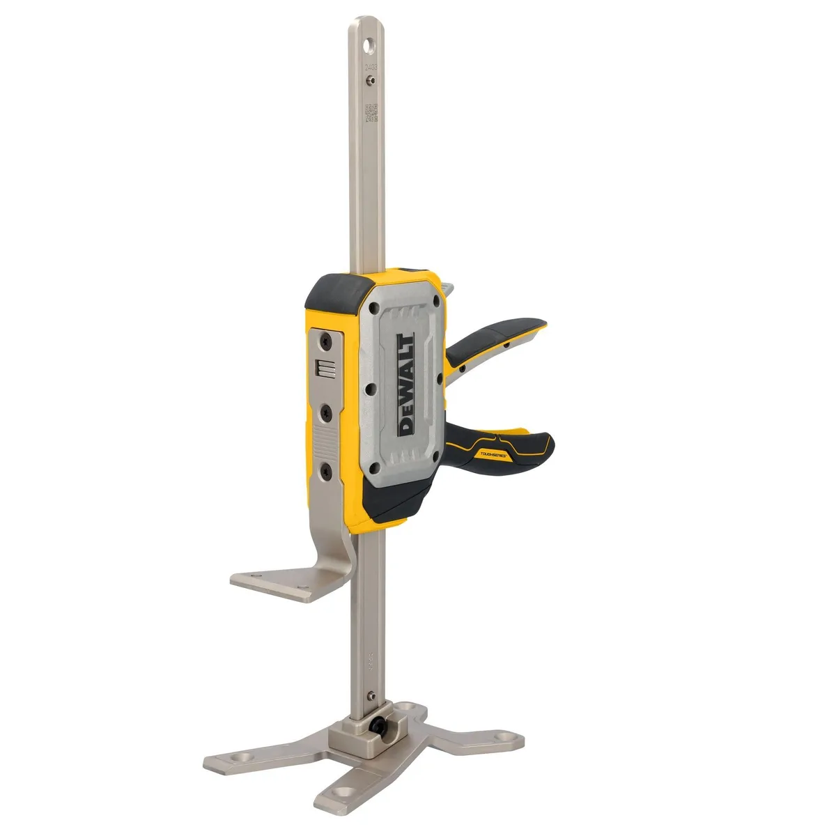 Yellow and black alloy steel construction jack, compact rectangular body with slim tapered base, 5.1 by 18.5 by 9.9 inches