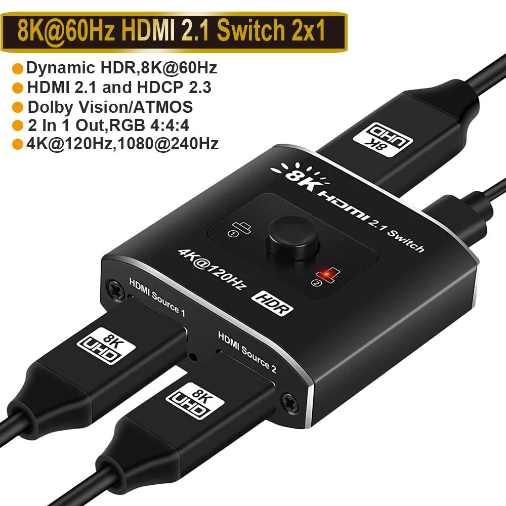 ESTONE ESTONE OZ8Q2B 2×1 HDMI 2.1 video switch 8K60 4K120 48Gbps black — product photo