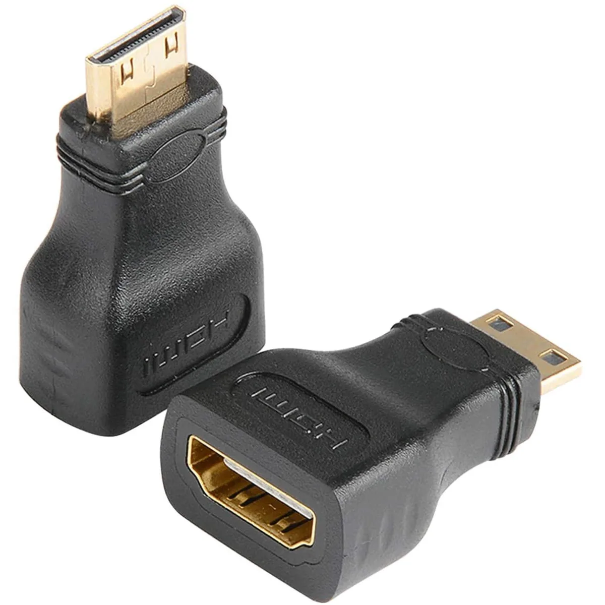 Two compact adapters, mini HDMI male to HDMI female, black PVC bodies with gold-plated contacts