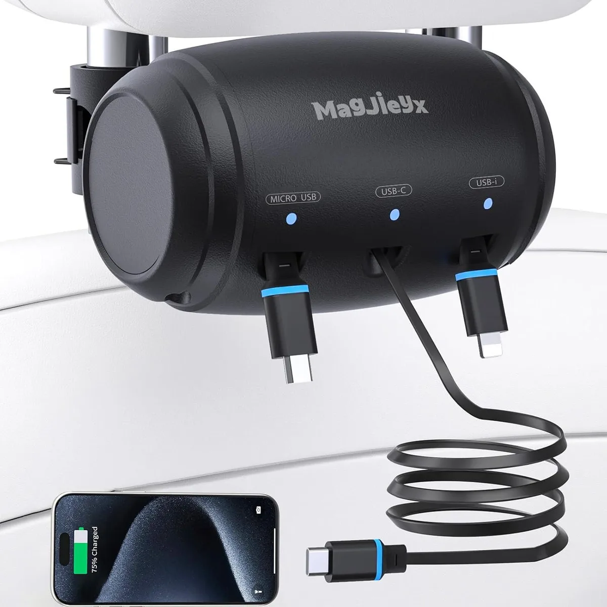 Leelbox Leelbox 3-in-1 Retractable Headrest Car Charger USB-C iPhone 17 16 15 14 Android 360° Rotation — product photo