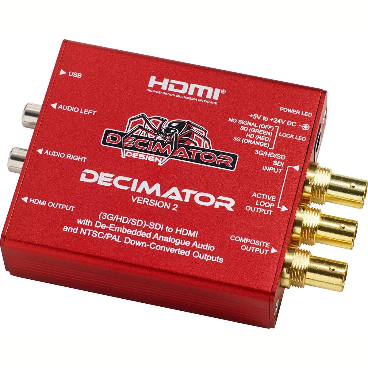 Compact metal box with HDMI, SDI and RCA ports, DIP switches and LED indicators