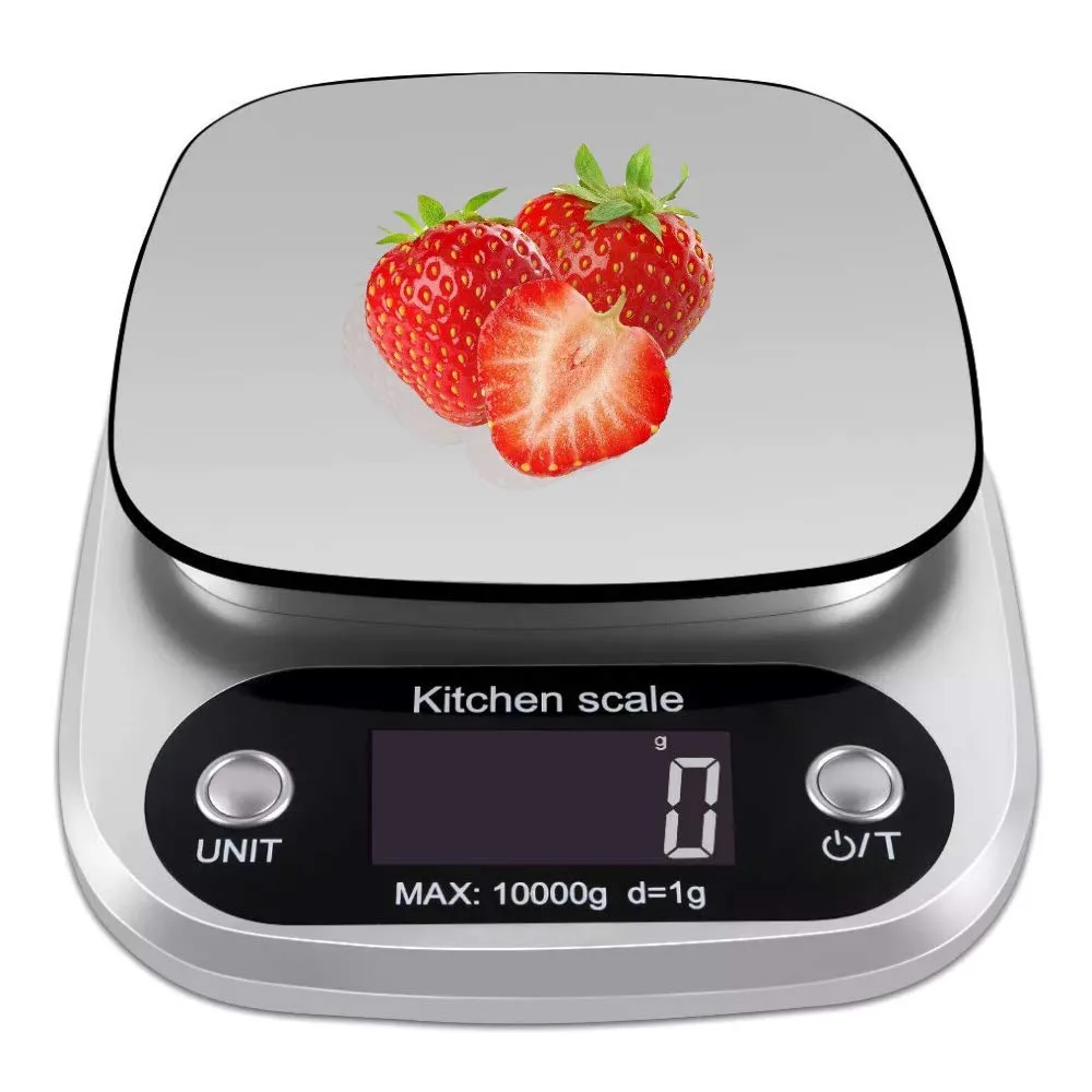 Yellow digital kitchen scale with glass platform and LCD display