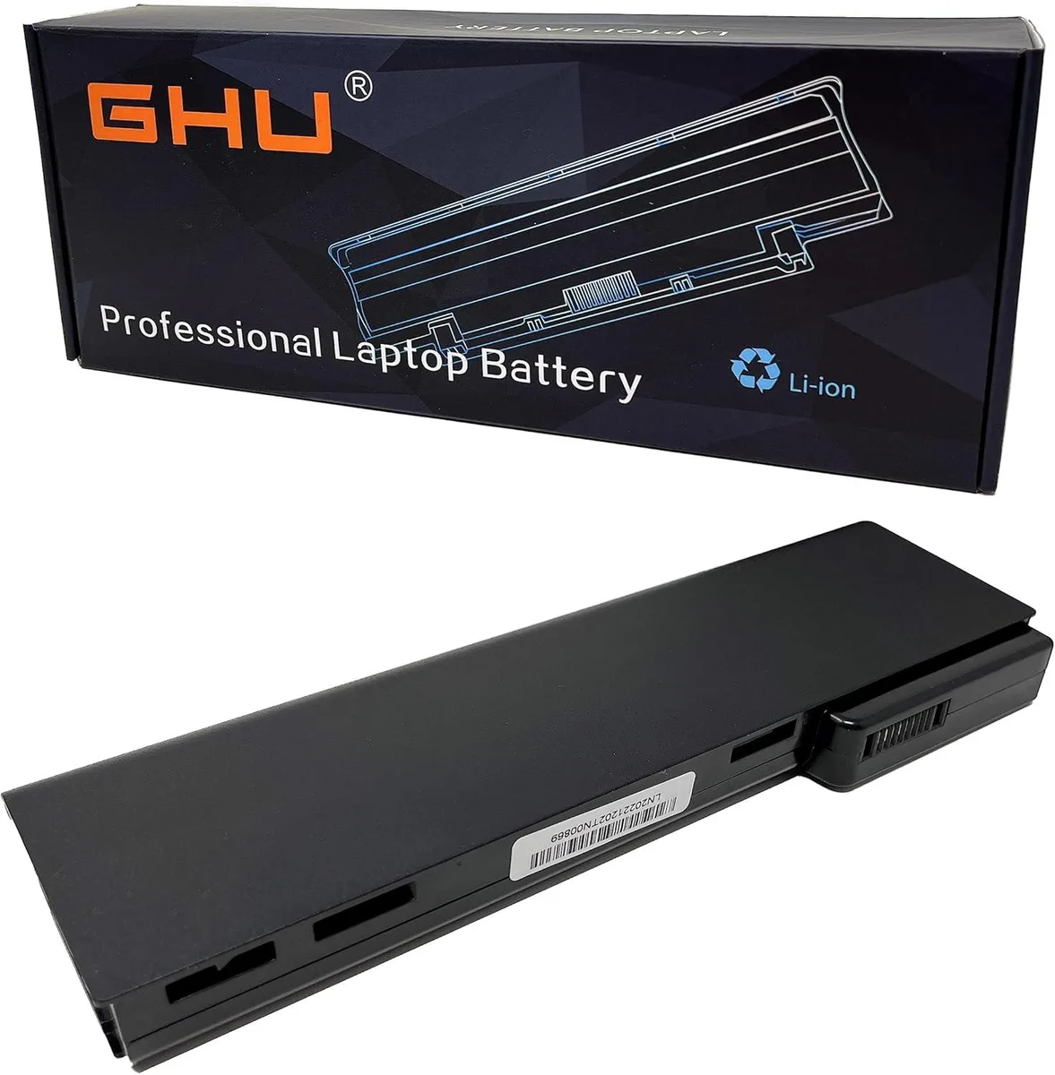 Rectangular black 9-cell laptop battery with label