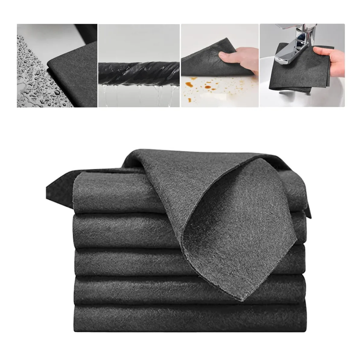 Five blue microfiber cloths stacked flat, thick weave, lint-free finish