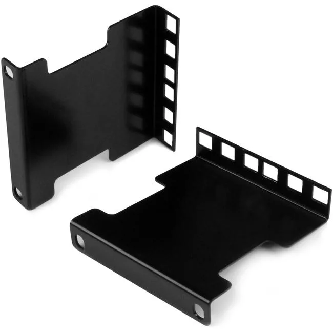 Black metal 2U rack depth extender bracket with mounting holes, shown flat