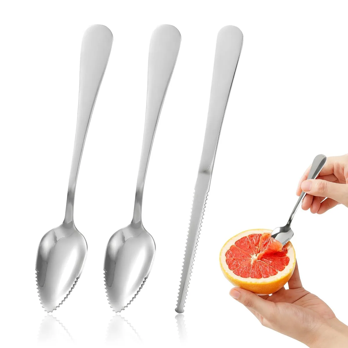 Thirteen silver stainless steel fruit spoons and curved knife in contemporary finish