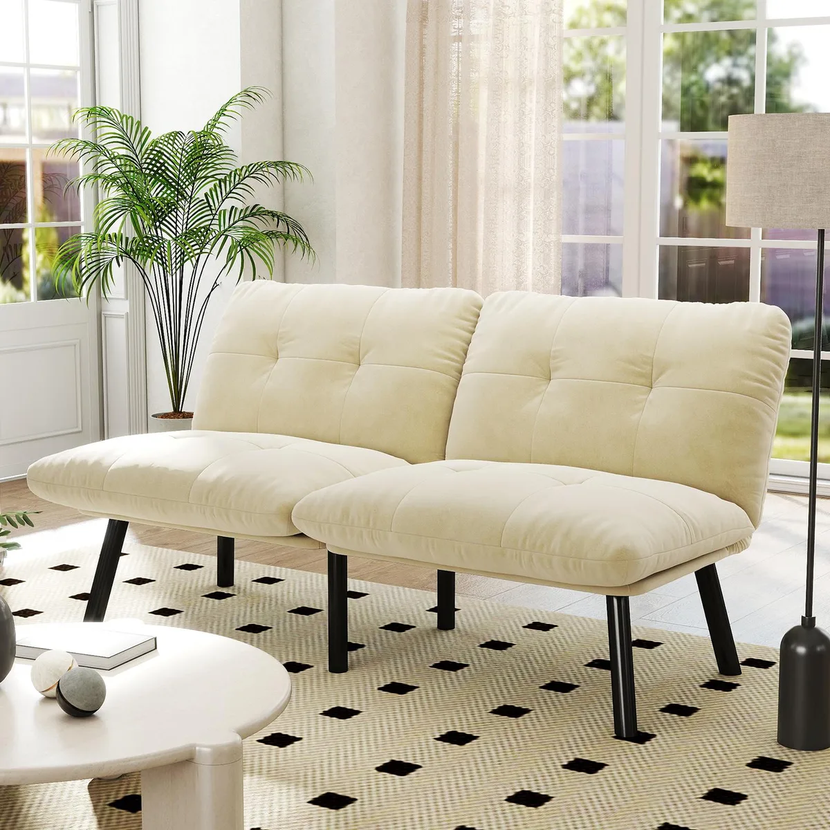 Cream fabric convertible folding sofa bed with metal frame