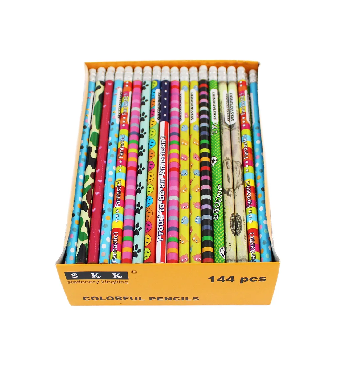 Box of 144 wooden colored pencils with erasers