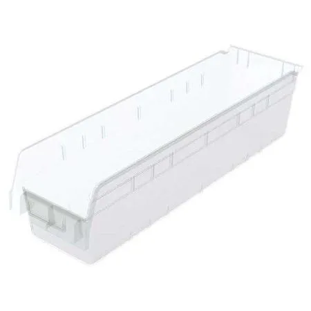 Clear plastic shelf storage bin, rectangular, 23 5/8 in long, 6 5/8 in wide, 6 in high