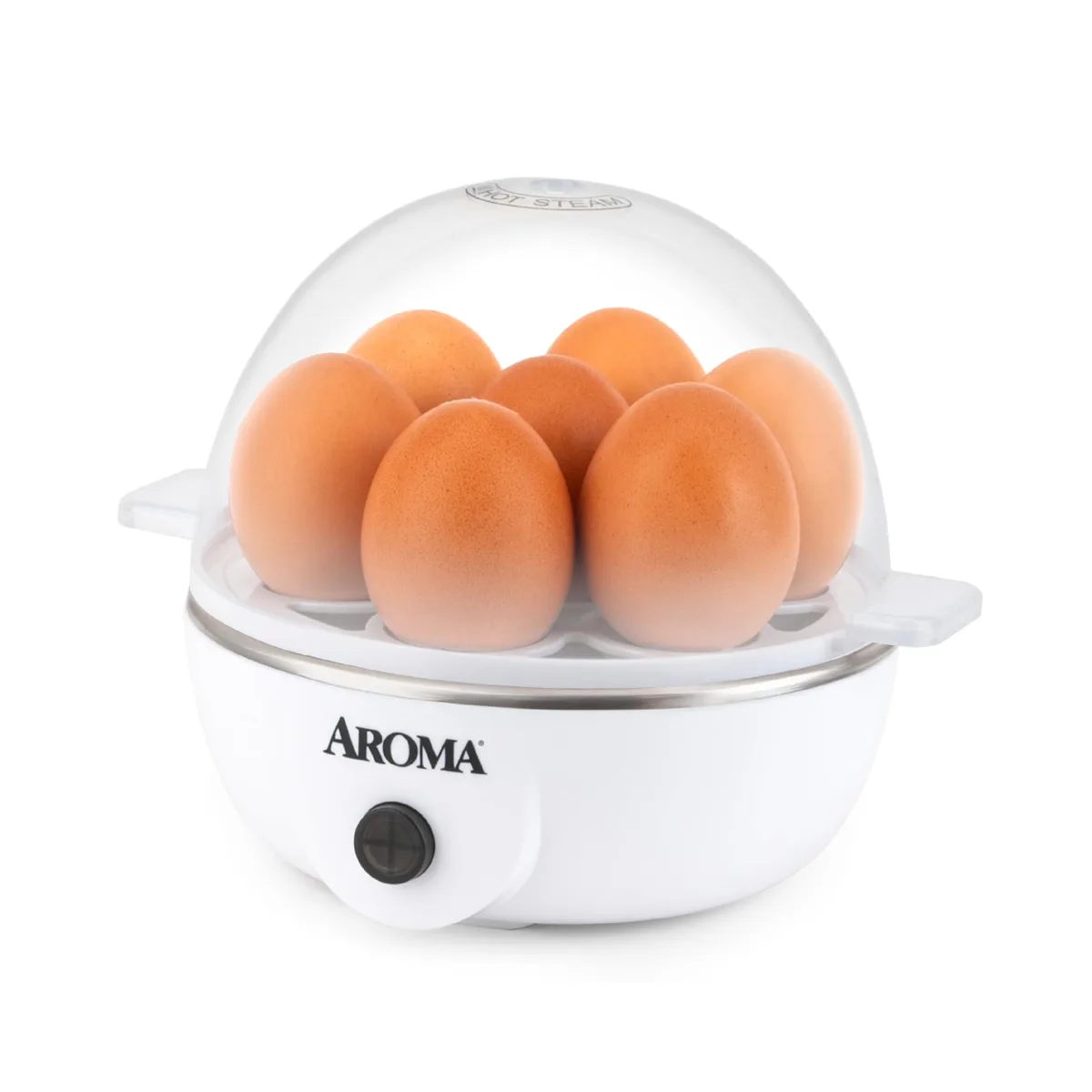 White compact electric egg cooker with domed lid and base