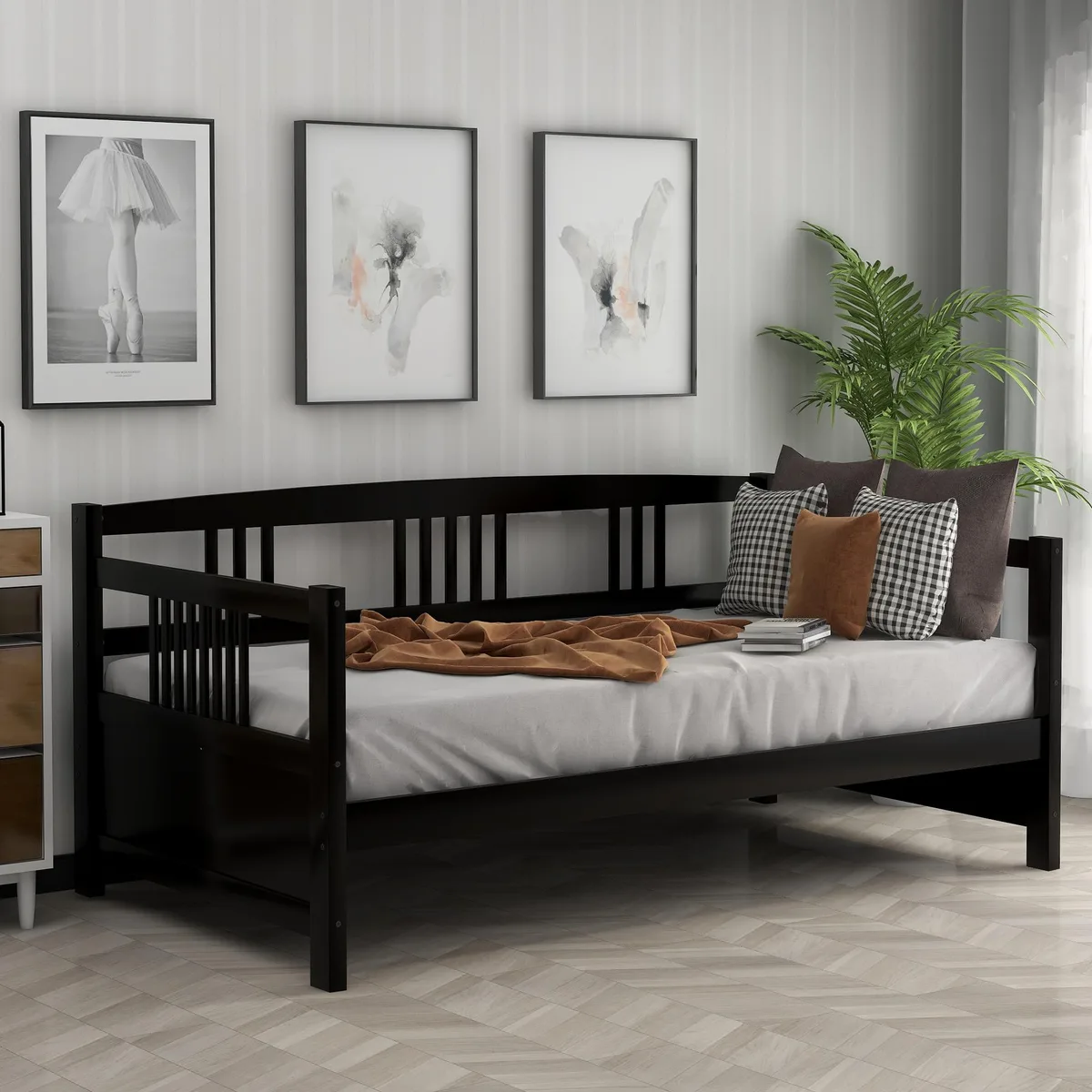 Espresso finished solid wood twin daybed frame with three side rails and slats