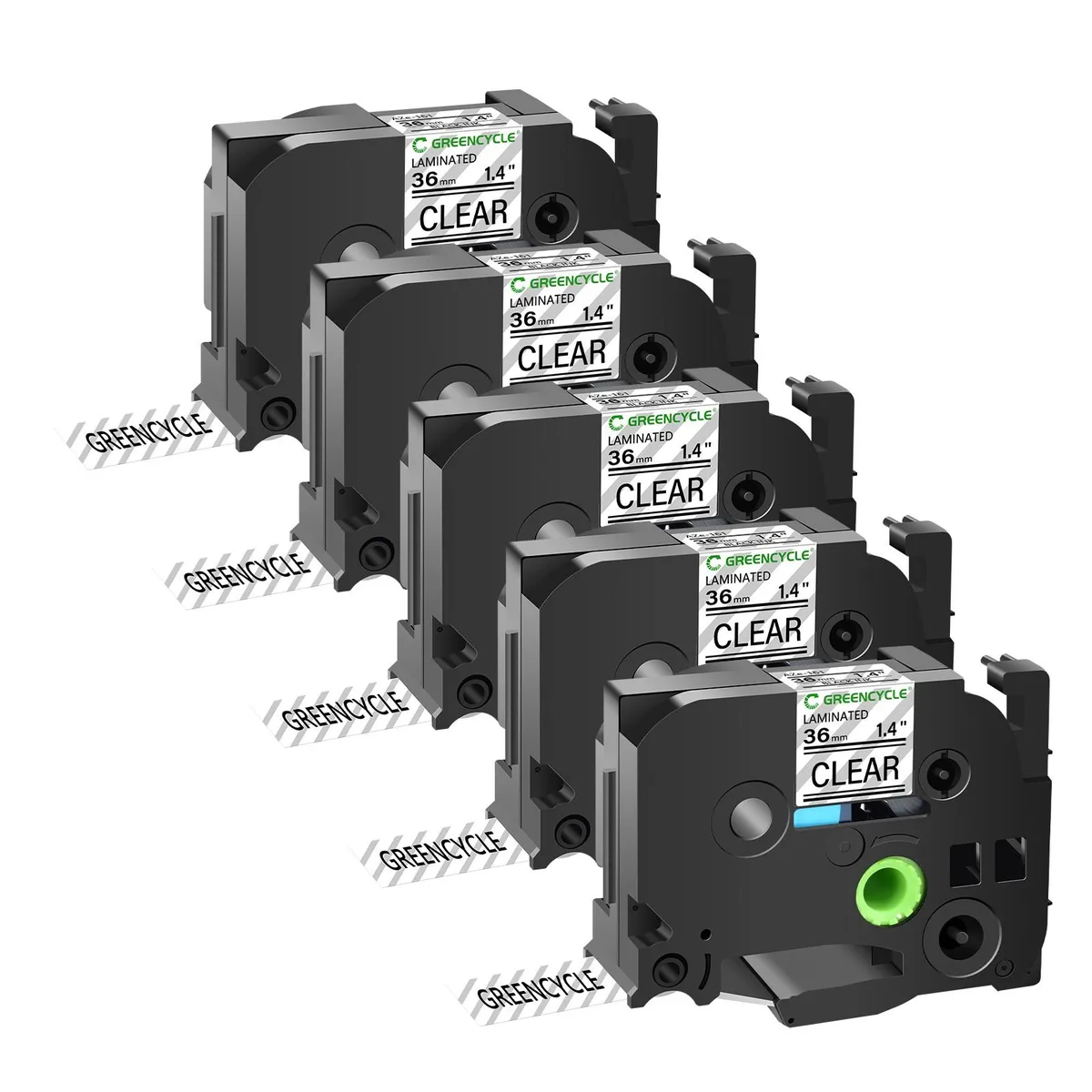 GREENCYCLE GREENCYCLE TZe-161 36mm 1.4in Black on Clear Laminated Tape 5 Pack — product photo